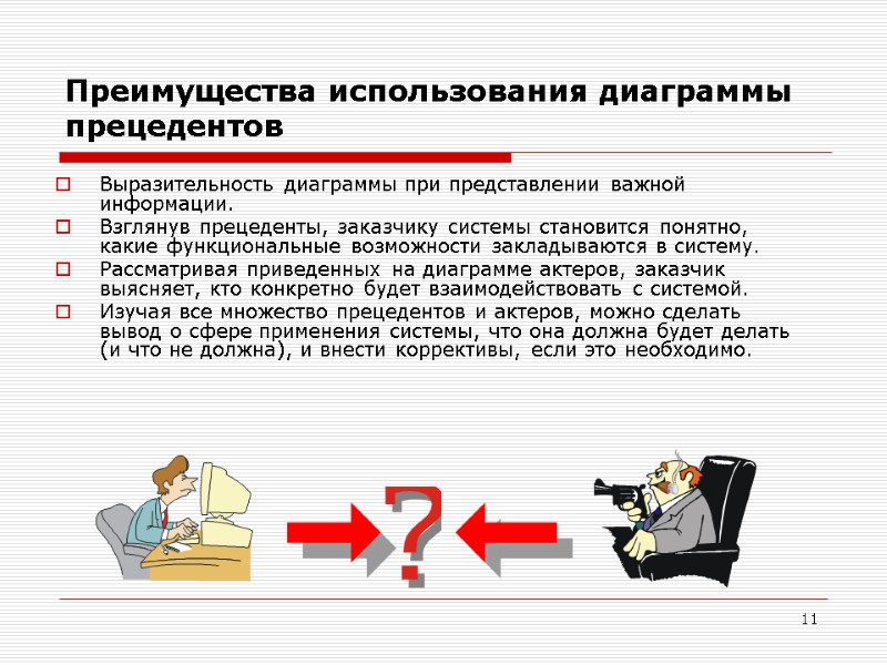 11 Преимущества использования диаграммы прецедентов Выразительность диаграммы при представлении важной информации.  Взглянув прецеденты,